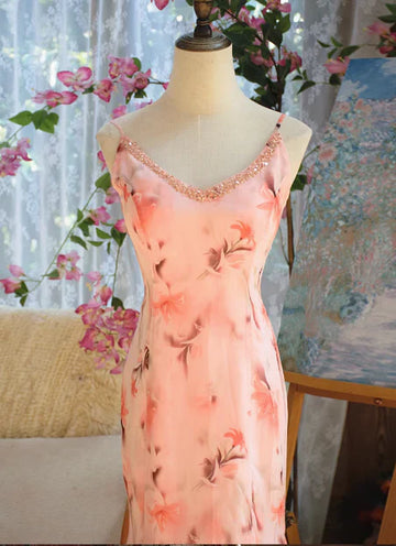 Print Floral Mermaid Spaghetti Strap Beaded Chiffon Evening Dress Party Dress HZ1023